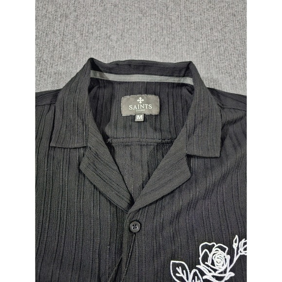 Saints Studio Mens Black Textured Rose Embroidered Button Down Shirt Size M - Picture 9 of 14